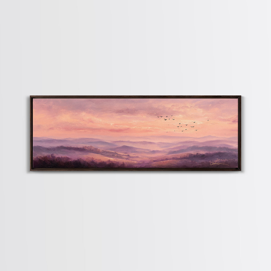 Misty Pink Mountain Landscape Wall Art, Romantic Sunrise Canvas Print, Large Horizontal Living Room Decor, Nature Gift Print