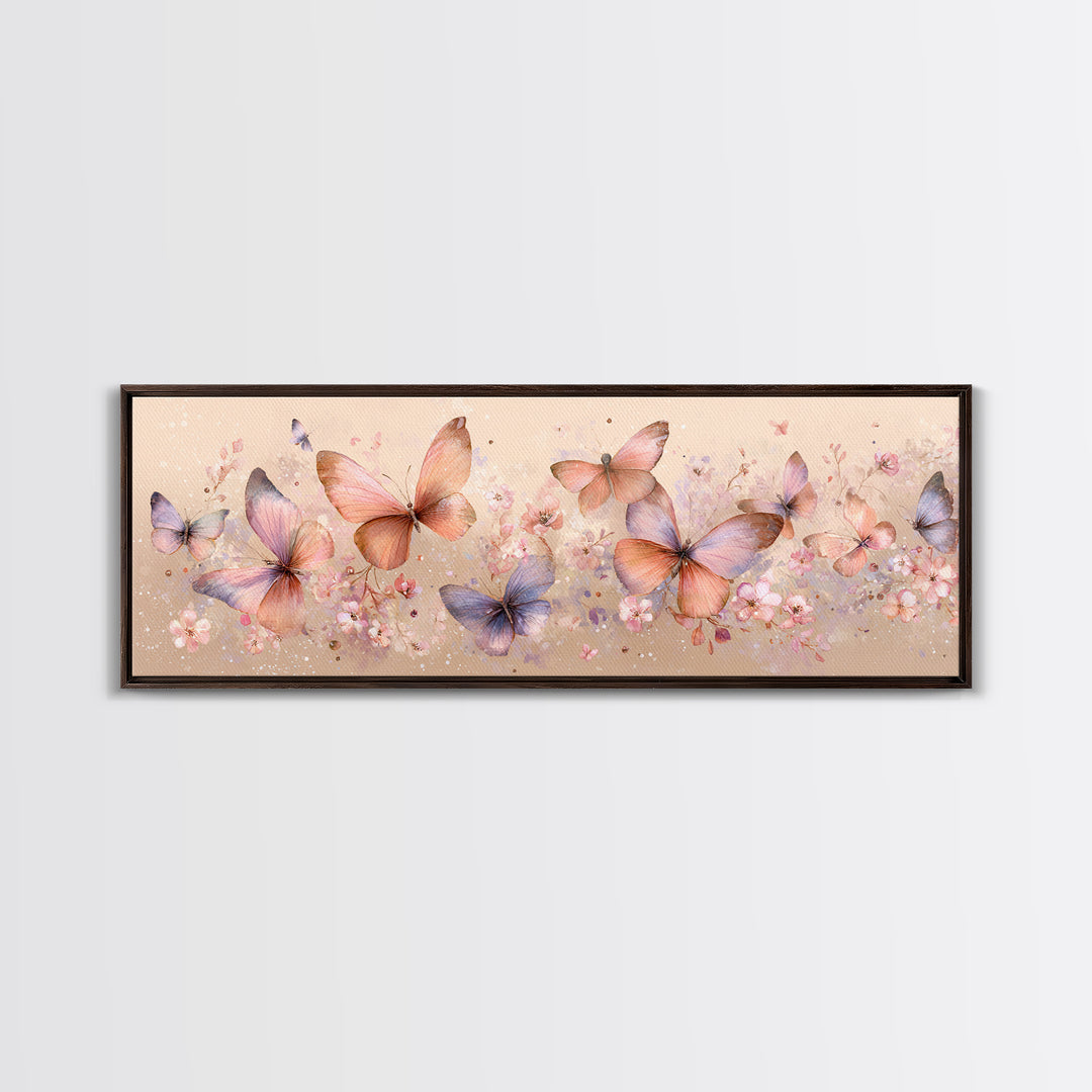 Pastel Butterfly Garden Wall Art, Soft Floral Canvas Print, Feminine Nursery Decor, Spring Bedroom Art, Gift For Her Print