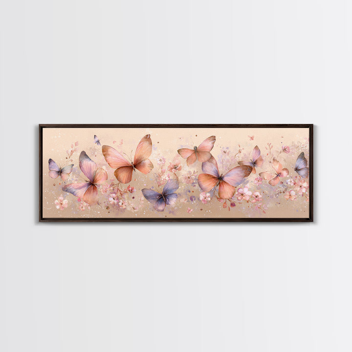Pastel Butterfly Garden Wall Art, Soft Floral Canvas Print, Feminine Nursery Decor, Spring Bedroom Art, Gift For Her Print