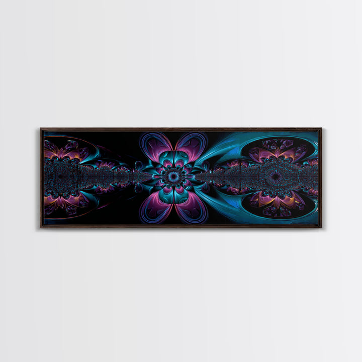 Neon Fractal Flower Mandala Wall Art, Symmetrical Psychedelic Canvas, Teal And Purple Abstract Decor, Meditation Room Print