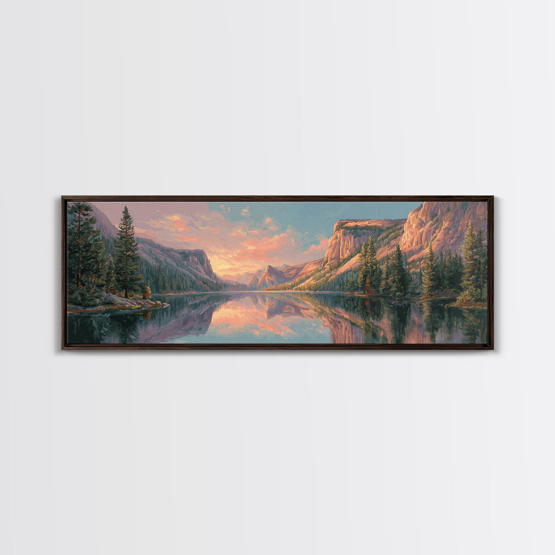 Serene Mountain Lake Sunset Wall Art, Panoramic Landscape Canvas Print, Rustic Nature Decor For Living Room And Cabin Home Decor