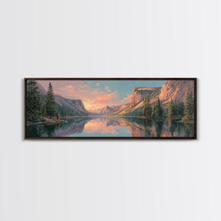 Serene Mountain Lake Sunset Wall Art, Panoramic Landscape Canvas Print, Rustic Nature Decor For Living Room And Cabin Home Decor