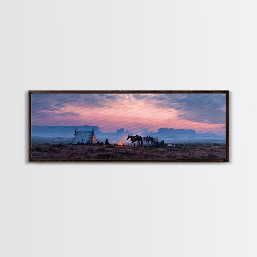 Western Desert Camp With Horses Framed Canvas Print, Cowboy Sunset Landscape, Southwestern Wall Art, Rustic Western Home Decor