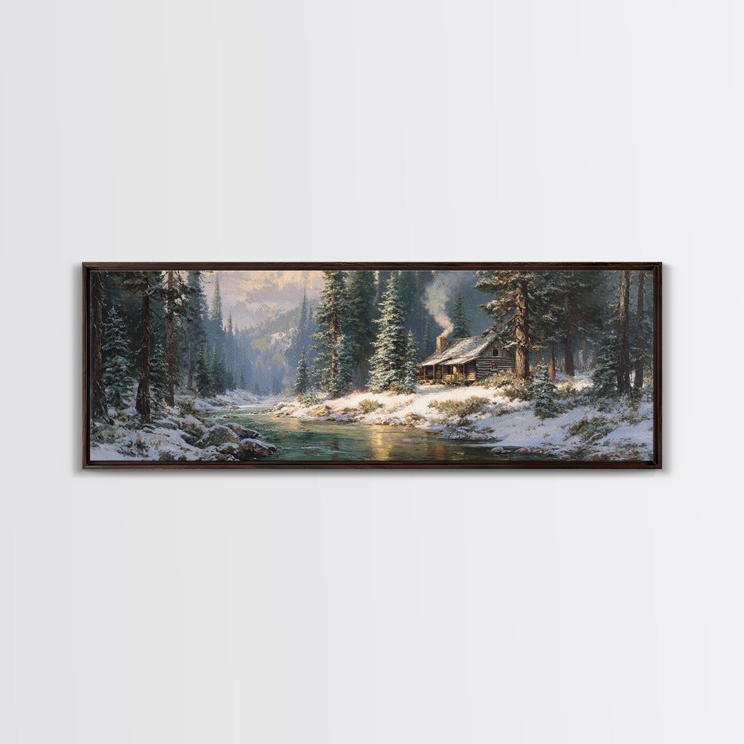 Snowy Cabin River Framed Canvas Print, Winter Forest Landscape Wall Art, Rustic Home Decor, Lake House Gift For Living Room Decor