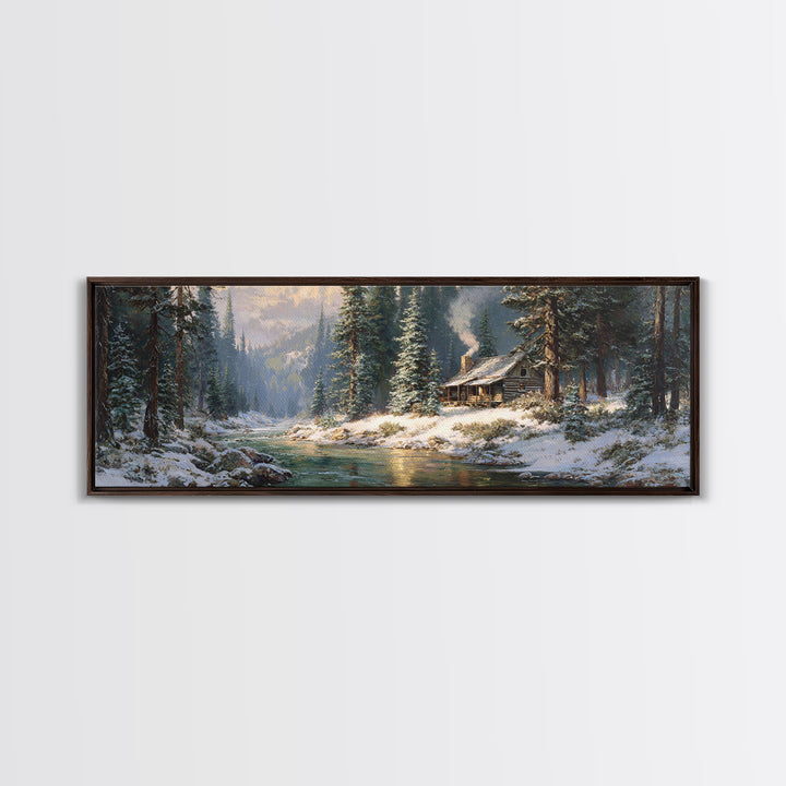 Snowy Cabin River Framed Canvas Print, Winter Forest Landscape Wall Art, Rustic Home Decor, Lake House Gift For Living Room Decor