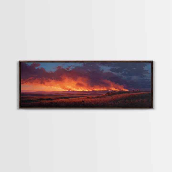 Wildfire Prairie Sunset Wall Art, Dramatic Grassland Landscape, Moody Rustic Decor, Western Canvas Print, Large Horizontal Art
