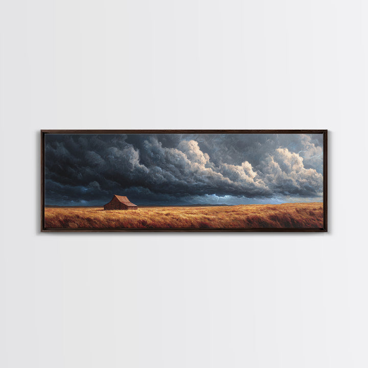 Stormy Prairie Barn Wall Art, Rustic Farmhouse Landscape Painting, Moody Country Decor, Large Horizontal Framed Canvas Print