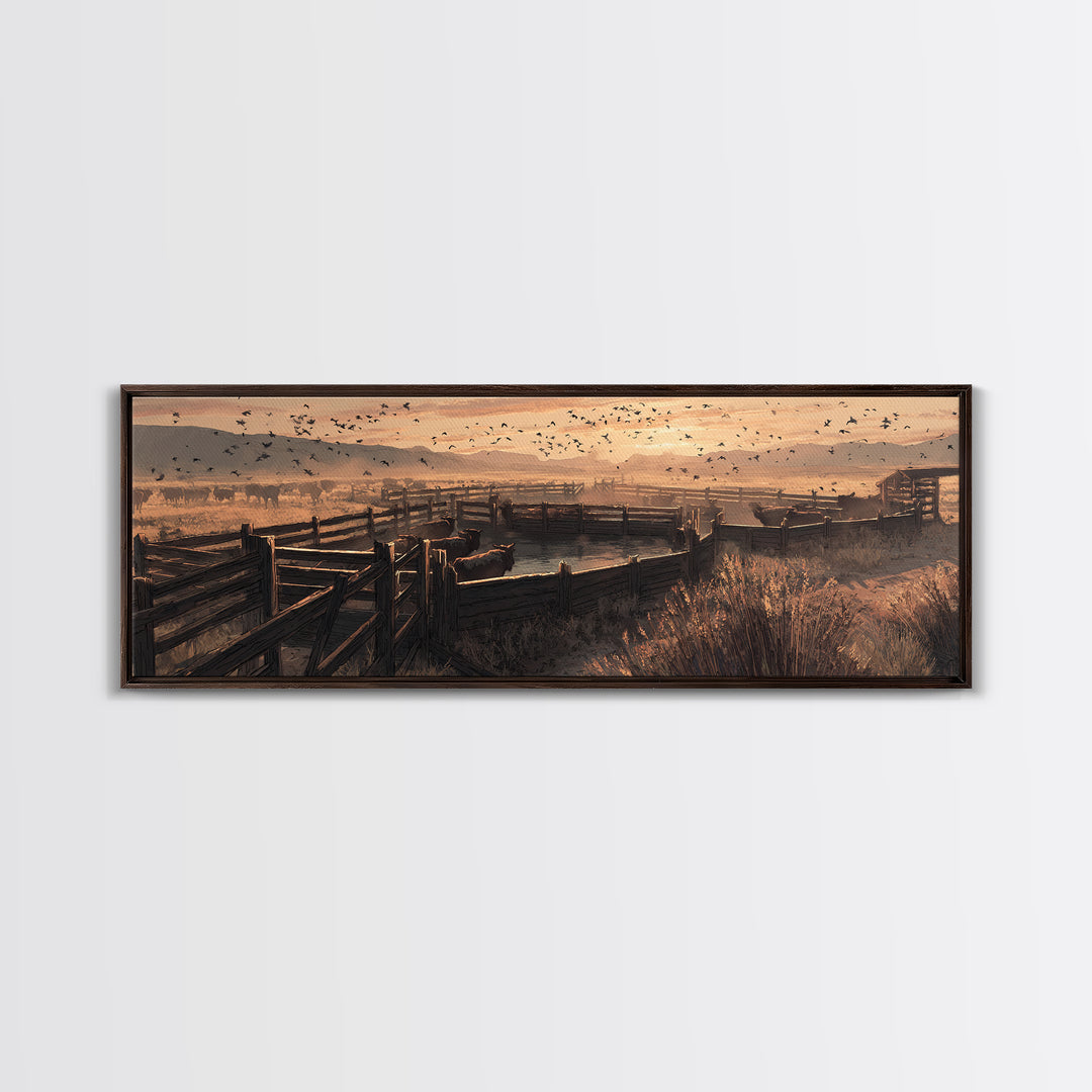 Sepia Ranch Corral Sunset Framed Canvas Print, Western Wall Art, Rustic Farmhouse Decor, Cowboy Landscape, Housewarming Gift
