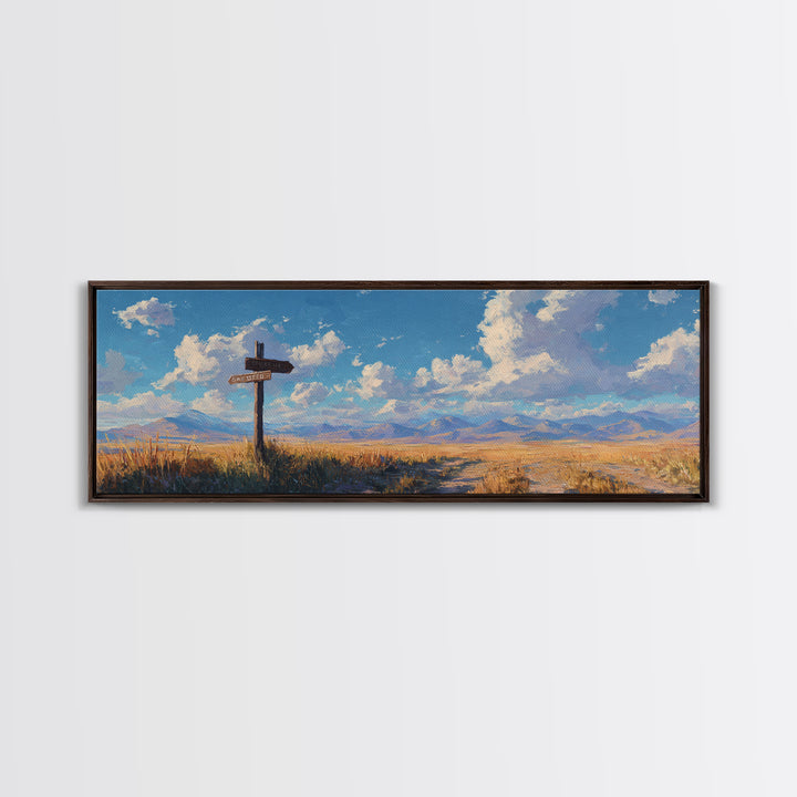 Sunlit Prairie Signpost And Mountain Meadow Wall Art, Rustic Country Landscape Canvas Print, Farmhouse Decor, Open Range Gift