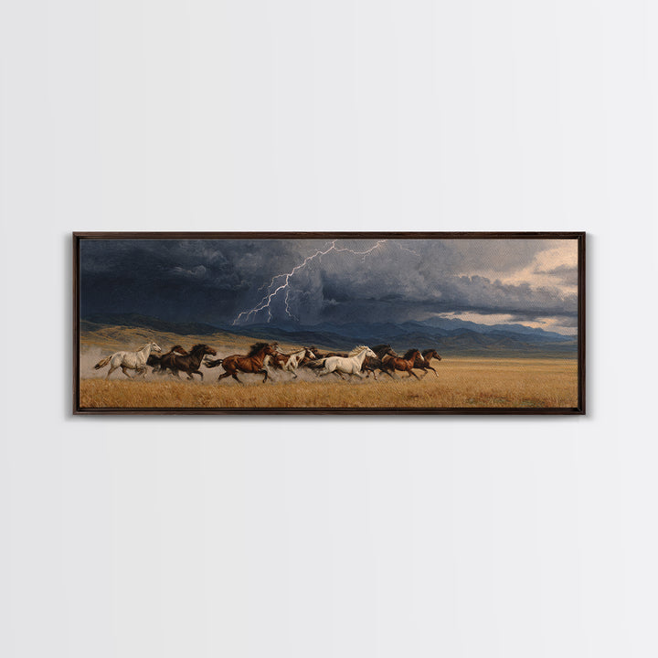 Wild Horses In Storm Wall Art, Western Landscape Canvas Print, Lightning Prairie Decor, Rustic Ranch Gift For Horse Lover