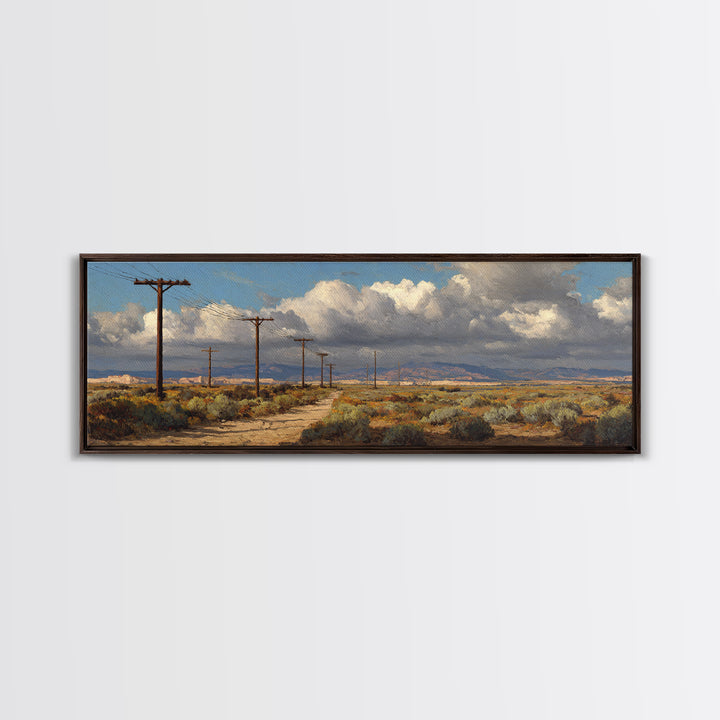 Desert Telephone Poles And Storm Clouds Wall Art, Western Landscape Canvas, Rustic Southwest Decor, Panoramic Print For Living Room