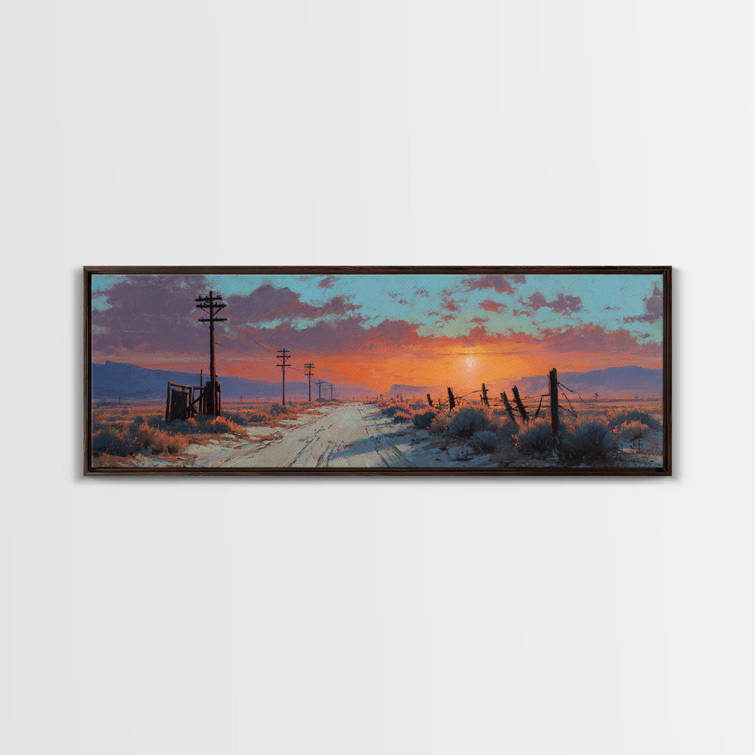 Snowy Country Road Sunset Wall Art, Rustic Winter Landscape Canvas, Farmhouse Decor, Wide Horizontal Print, Cozy Gift For Her
