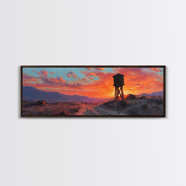 Sunset Water Tower Wall Art, Rustic Western Landscape Canvas Print, Farmhouse Country Decor, Warm Above Sofa Living Room Art Gift