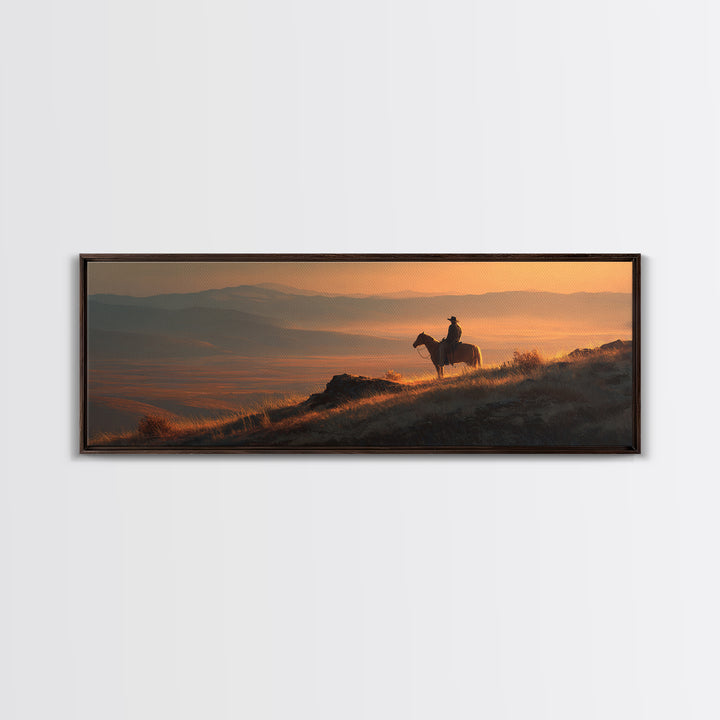 Cowboy Sunset Mountain Landscape Wall Art, Western Horse Rider Canvas Print, Rustic Ranch Decor, Masculine Office Art Gift