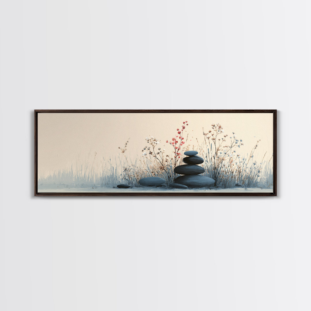 Zen Stacked Stones Wall Art, Minimalist Floral Canvas Print, Calming Spa Decor, Meditation Room Art, Neutral Home Decor Print