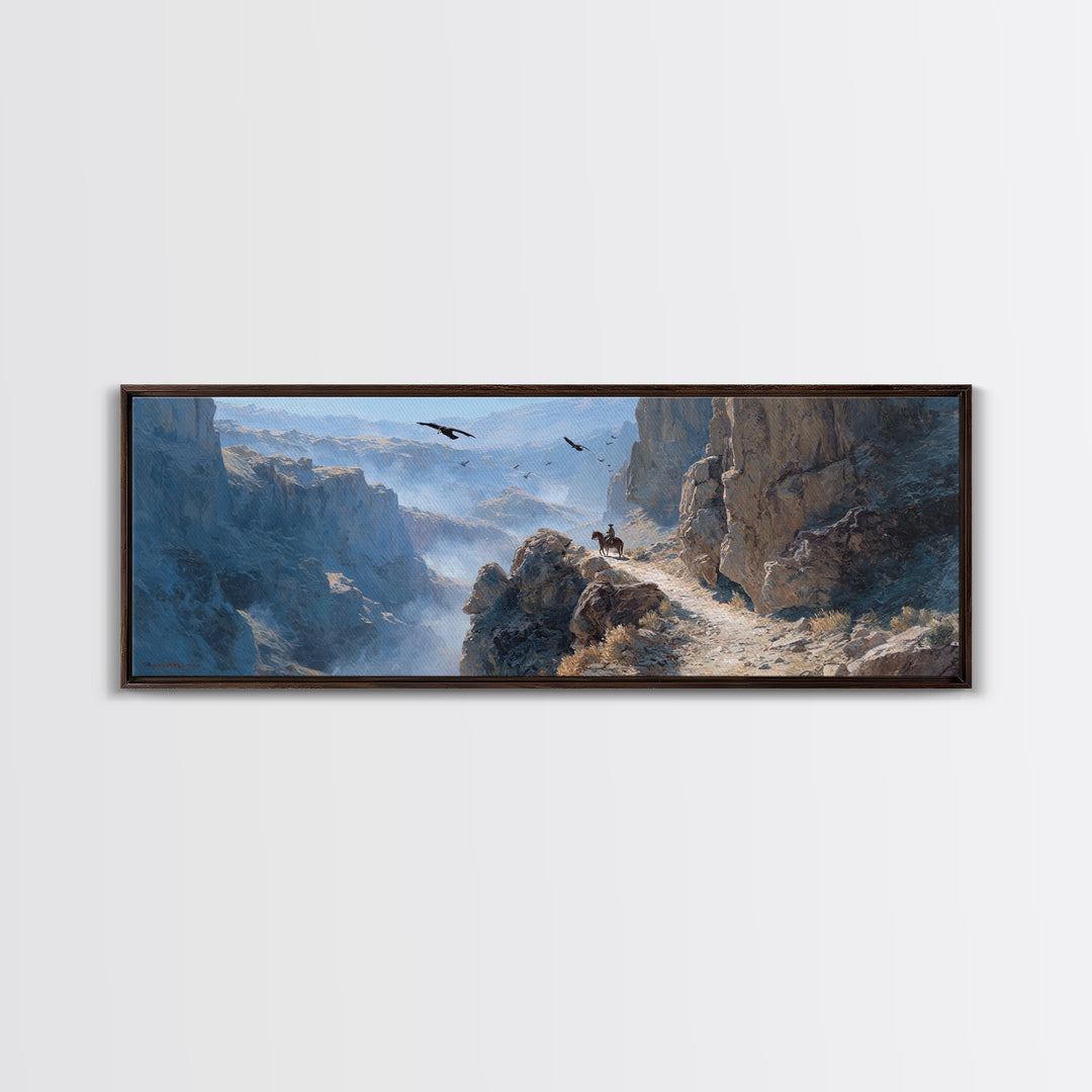 Snowy Mountain Canyon Rider Canvas Print, Western Landscape Wall Art, Eagle Wilderness Decor, Rustic Office Gift For Him