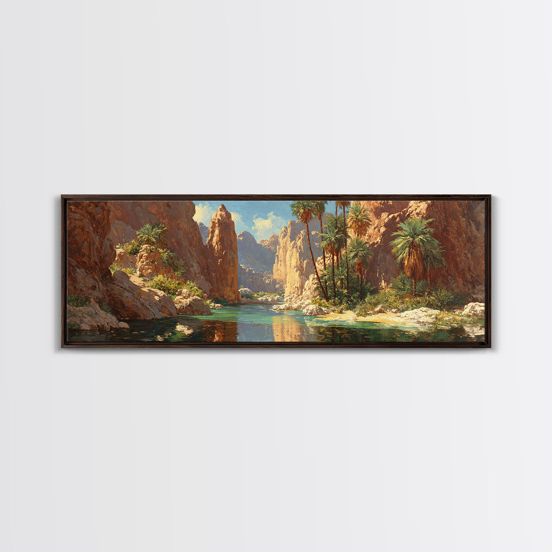 Desert Canyon Oasis Framed Canvas Print, Palm River Landscape Wall Art, Southwestern Decor, Large Panoramic Nature Print