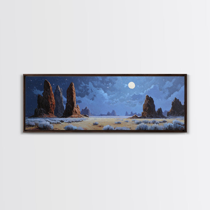 Moonlit Desert Rock Spires Canvas Print, Surreal Landscape Wall Art, Night Sky Decor, Southwestern Art, Moody Bedroom Wall Art
