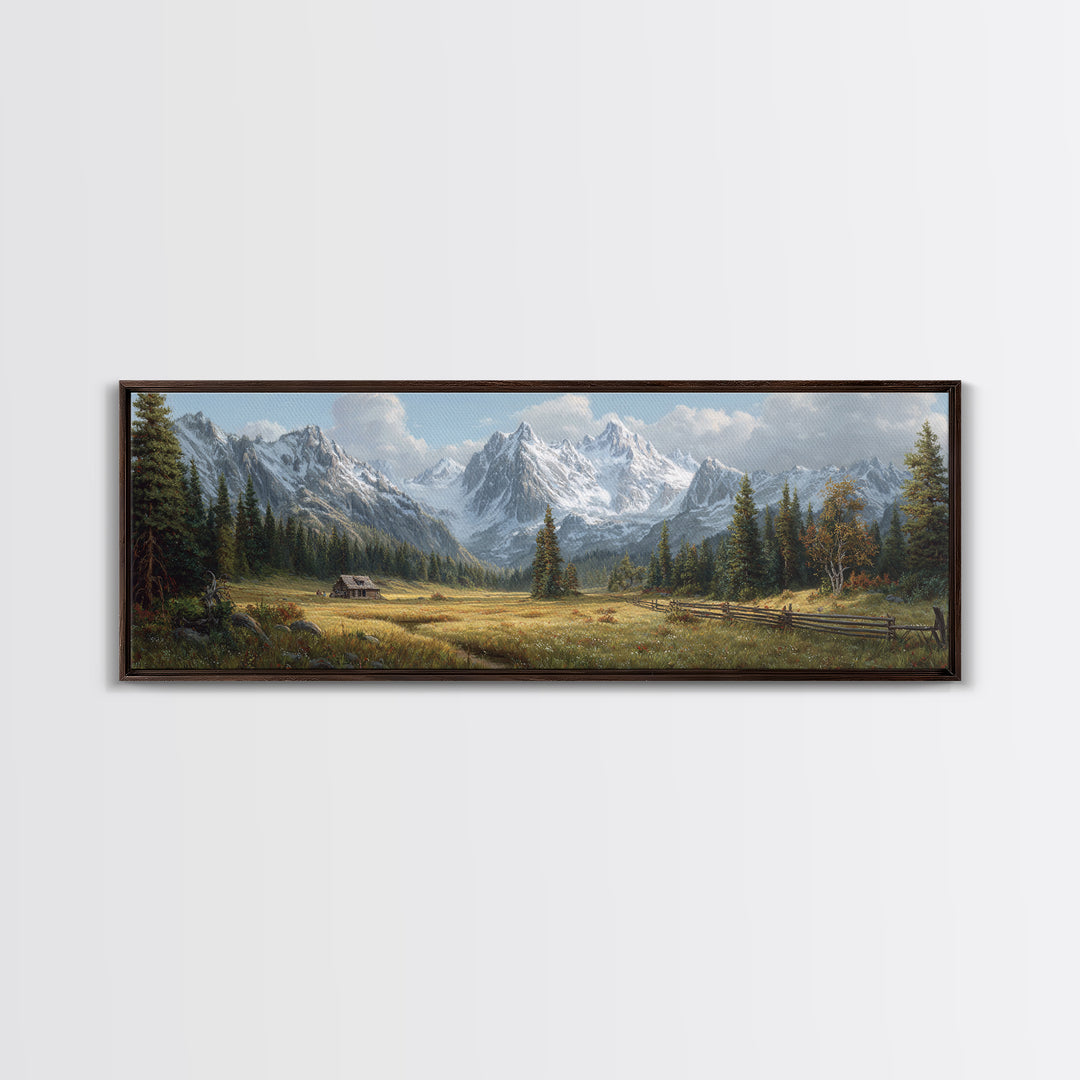 Alpine Meadow Cabin And Snowy Mountains Framed Canvas Print, Landscape Wall Art, Rustic Farmhouse Living Room Decor Gift