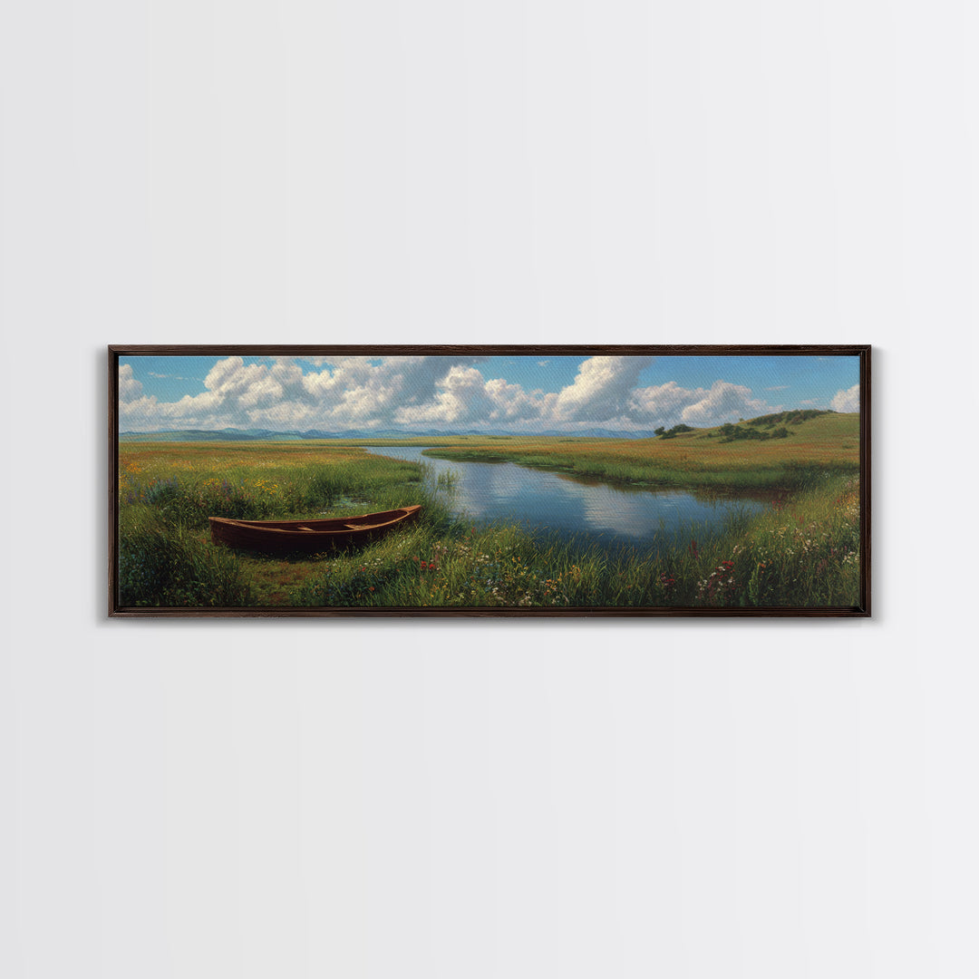 Peaceful Meadow River Boat Wall Art, Panoramic Landscape Canvas Print, Lake House Decor, Nature Wall Decor, Above Sofa Art
