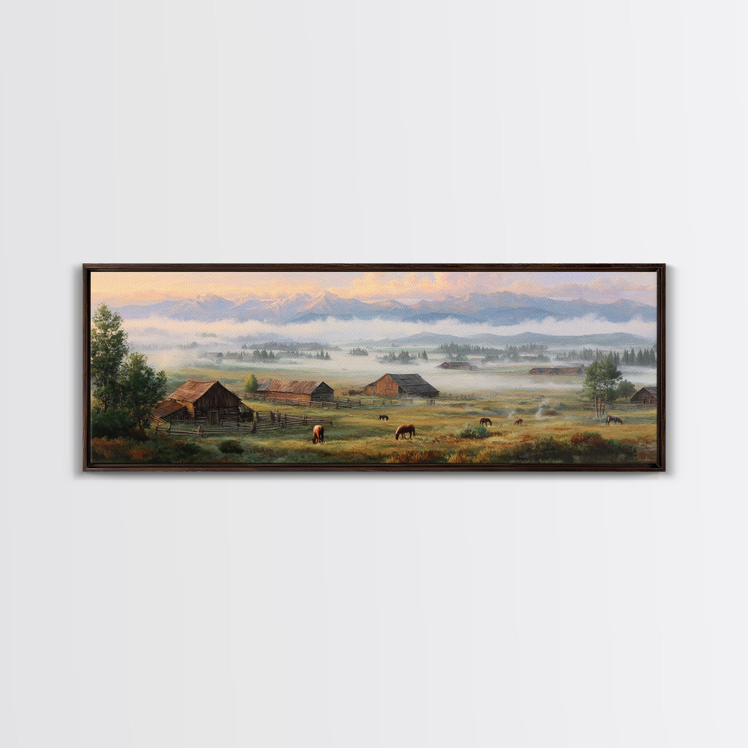 Misty Mountain Ranch Wall Art, Rustic Farmhouse Landscape With Cattle, Country Home Decor, Large Living Room Canvas Print
