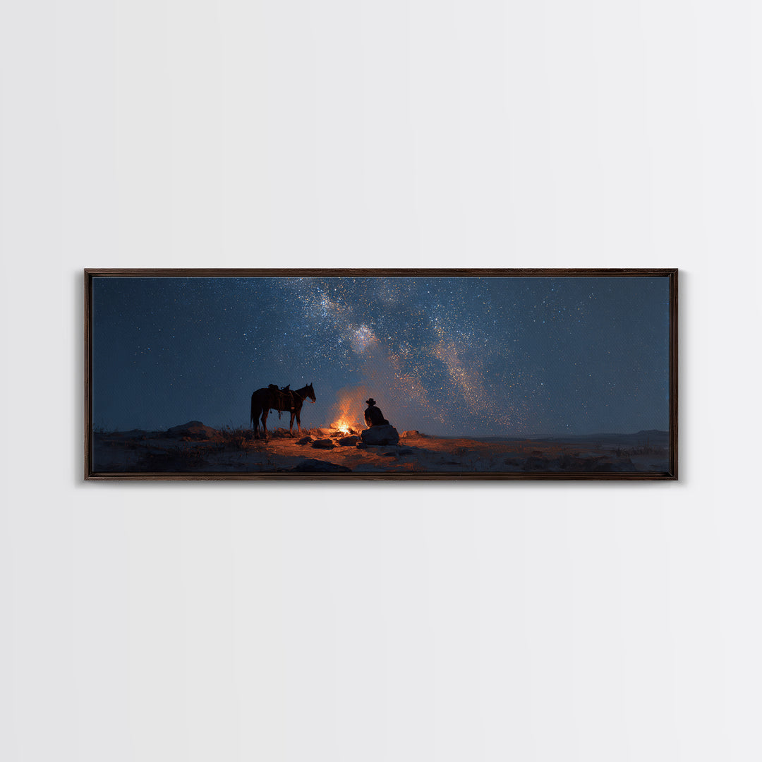 Cowboy Campfire Under Milky Way Wall Art, Western Night Sky Canvas Print, Rustic Desert Decor For Cabin And Man Cave Home Decor