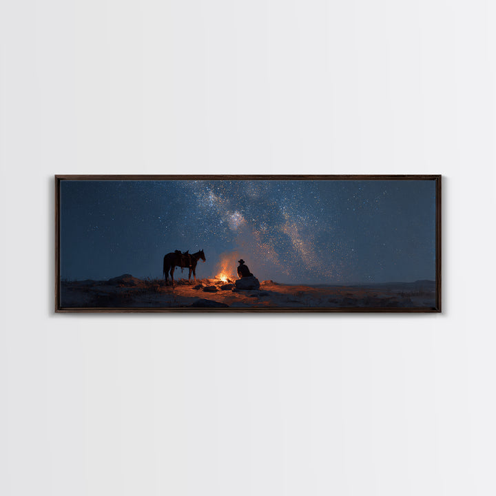 Cowboy Campfire Under Milky Way Wall Art, Western Night Sky Canvas Print, Rustic Desert Decor For Cabin And Man Cave Home Decor