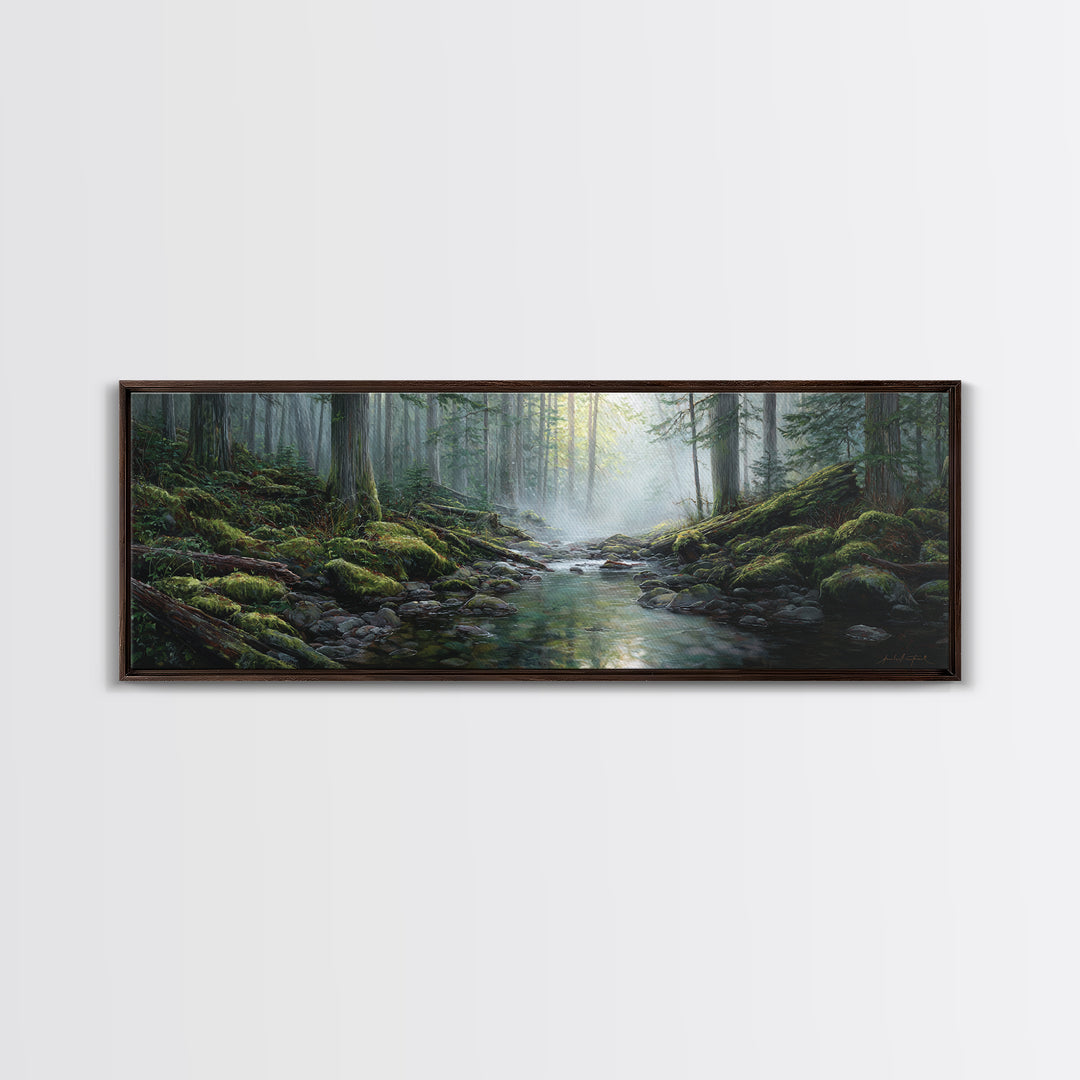 Misty Forest Stream Landscape Wall Art, Mossy Woodland Canvas Print, Nature Decor, Cabin Wall Decor, Calming Office Art Print