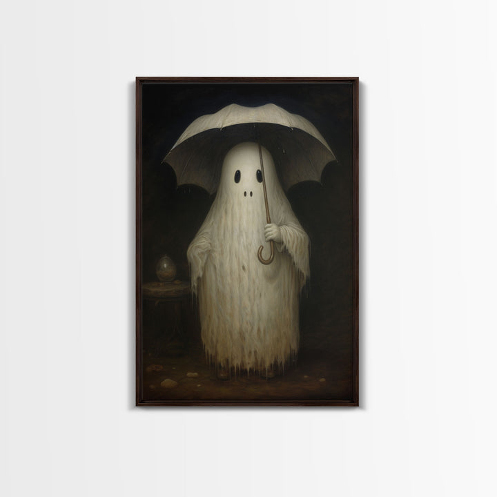Cute Ghost Painting, Ghost In The Rain, Vintage Canvas, Art Canvas Print, Dark Academia, Haunting Ghost, Cute Halloween Decor