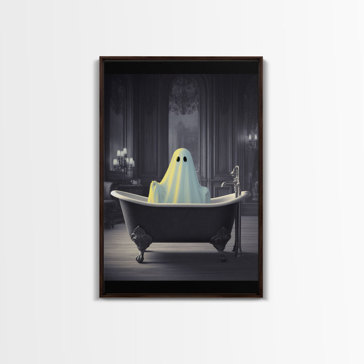 Funny Halloween Art, Ghost Takin' A Bath, Framed Canvas Print, Halloween Canvas, Ghost In The Tub, Goofy Gothic Victorian Art