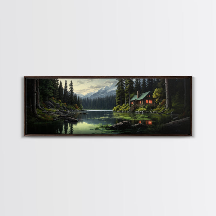 Cozy Cabin on The Lake, Framed Canvas Print, Farmhouse Decor, Landscape Painting, Unique Wall Art
