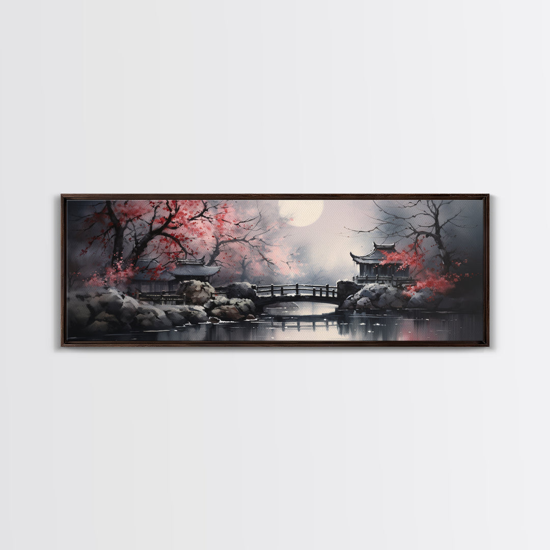 Japanese Hashi Bridge in The Spring, Framed Canvas Print, Japanese Maple Trees Along A Stream, Asian Inspired Artwork