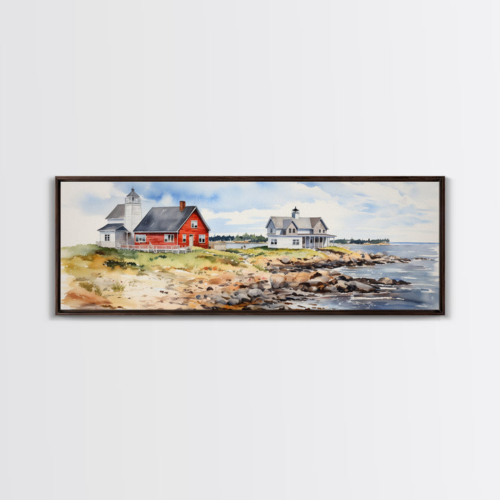 Maine watercolor painting Framed Canvas Print, Maine Seaside Print, Lupine Art Print, Maine Art Print, Lupine Painting, Maine landscape art