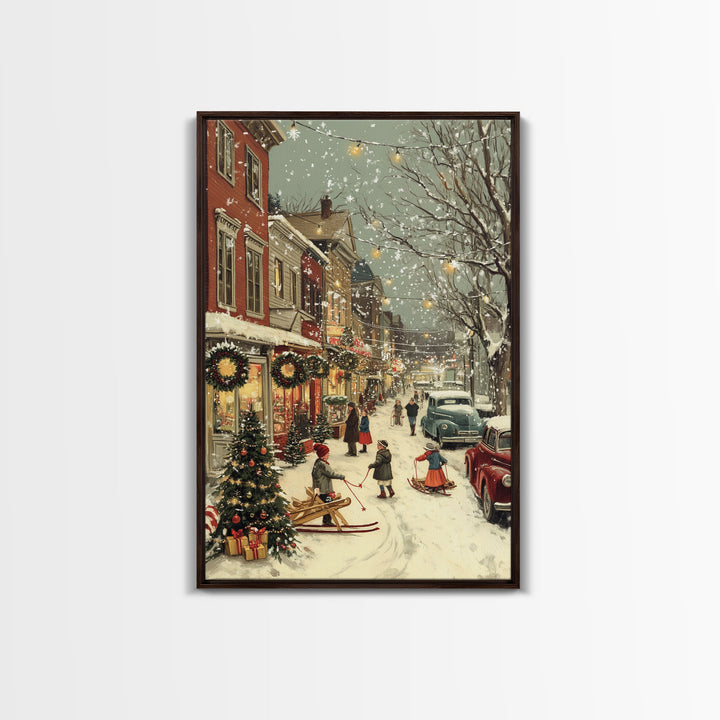 Vintage Christmas Town Scene with Children Playing in Snow, Holiday Street Decor and Wreaths, Framed Canvas Print for Winter Wall Art