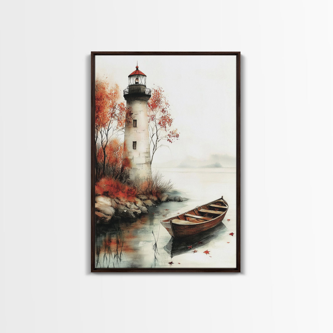 Lighthouse In The Fall, Framed Canvas Print, Fall Decor, Autumn Centerpiece Art, Boho Minimalist Style Wall Art