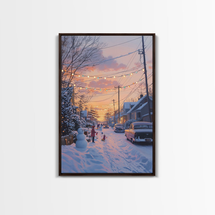 Cozy Neighborhood Christmas Evening with Snowmen and Festive Lights, Perfect for Framed Canvas Print and Holiday Wall Art