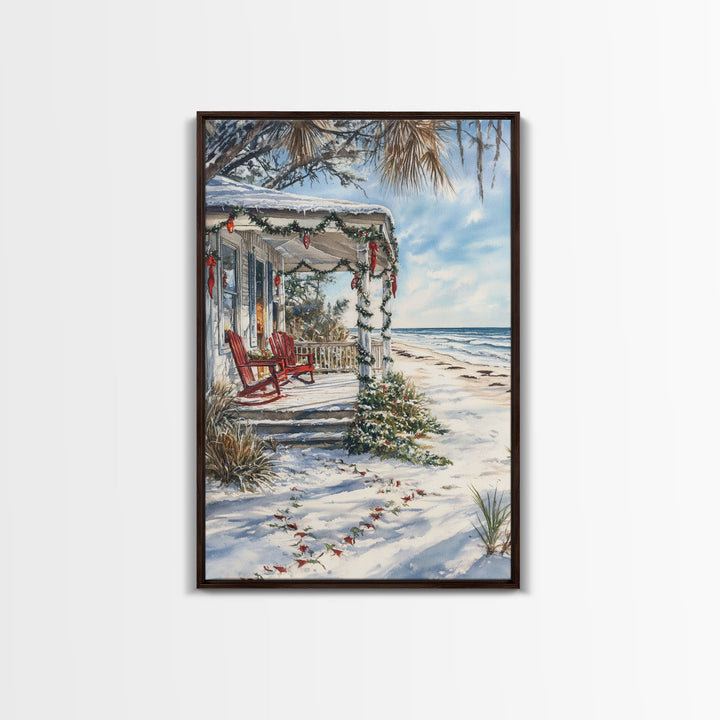 Surf Shack Decorated For Christmas, Tropical Christmas Wall Art, Canvas Print, Framed Wall Art, Christmas Vintage, Christmas Vacation Art