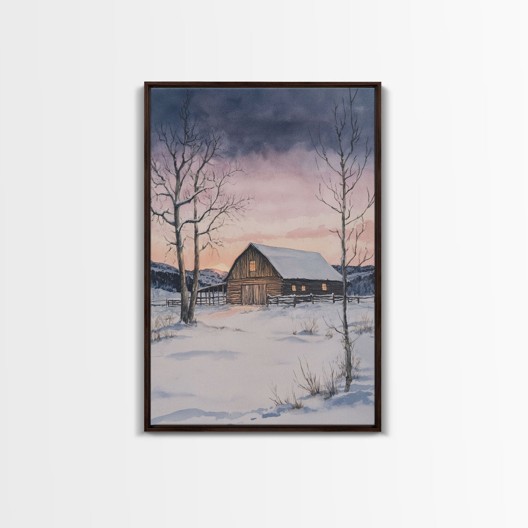 Barn In The Winter, Framed Canvas Print, Winter Landscape Print, Rustic Christmas Art, Primitive Decor