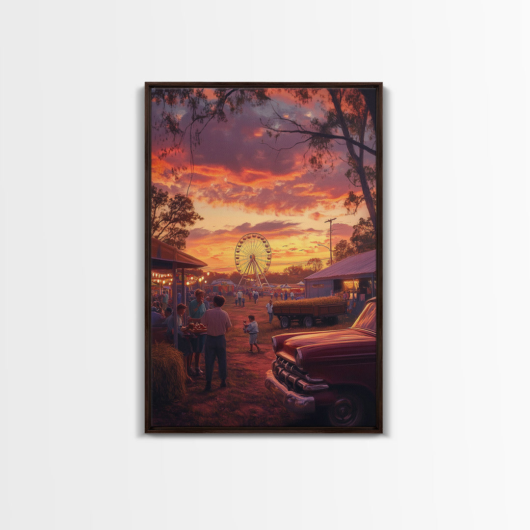 Rustic Country Fair at Sunset, Carnival Ferris Wheel and Warm Autumn Colors, Framed Canvas Print for Seasonal Home Decor
