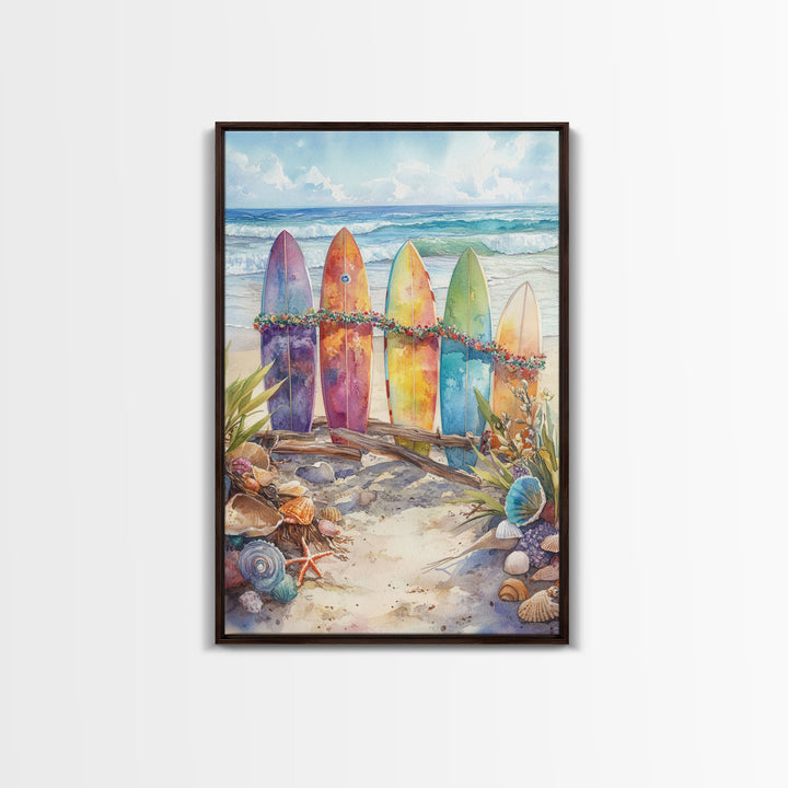 Christmas Surfboards On A Snowy Beach, Framed Canvas Print, Tropical / Nautical Christmas Art or Gift Idea, Christmas Poster
