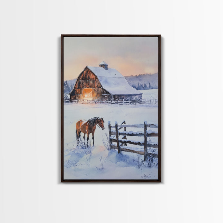 Christmas On The Farm, Winter Wall Art Framed Canvas Print, Gift Idea, Seasonal Decor, Barn Painting, Farmhouse Art