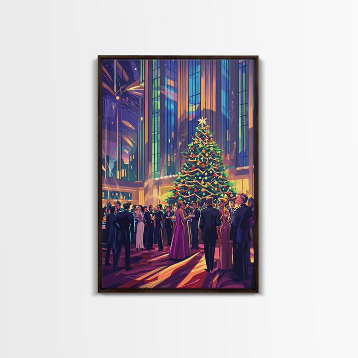 Elegant Christmas Ball Scene with Large Decorated Tree and Holiday Party, Perfect for Framed Canvas Print and Christmas Wall Art