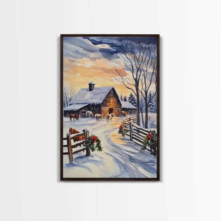 Christmas On The Farm, Winter Wall Art Framed Canvas Print, Gift Idea, Seasonal Decor, Barn Painting, Farmhouse Art