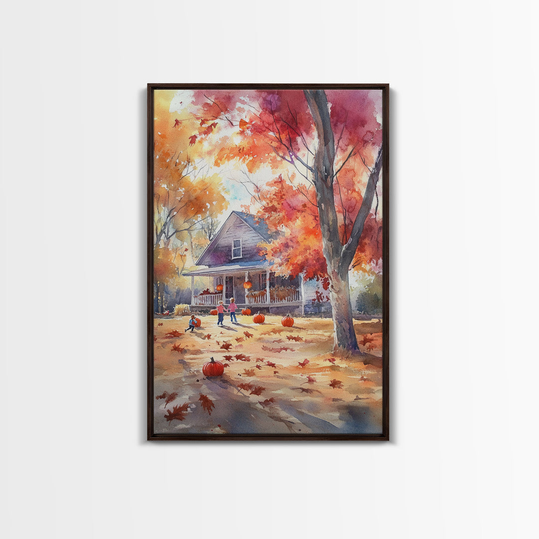 Kids Playing In Fall Leaves Framed Canvas Print Autumn Country Wall Art Farmhouse Decor Best Gift Idea Seasonal Holiday Wall Art