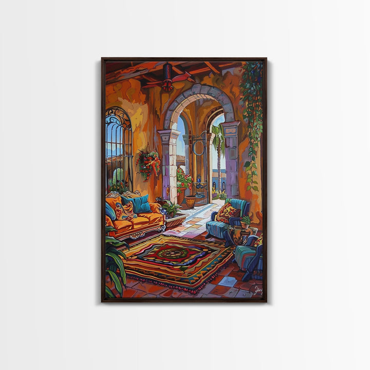 Mediterranean Lounge With Mountain View Framed Canvas Print Spanish Style Patio Wall Art Home Decor Best Gift Seasonal Above Sofa Art