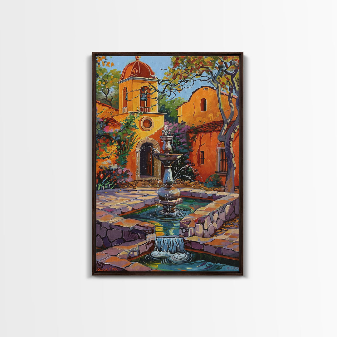 Mexican Style Framed Canvas Print Tall Art Vibrant Outdoor Fountain Scene With Colorful Architecture
