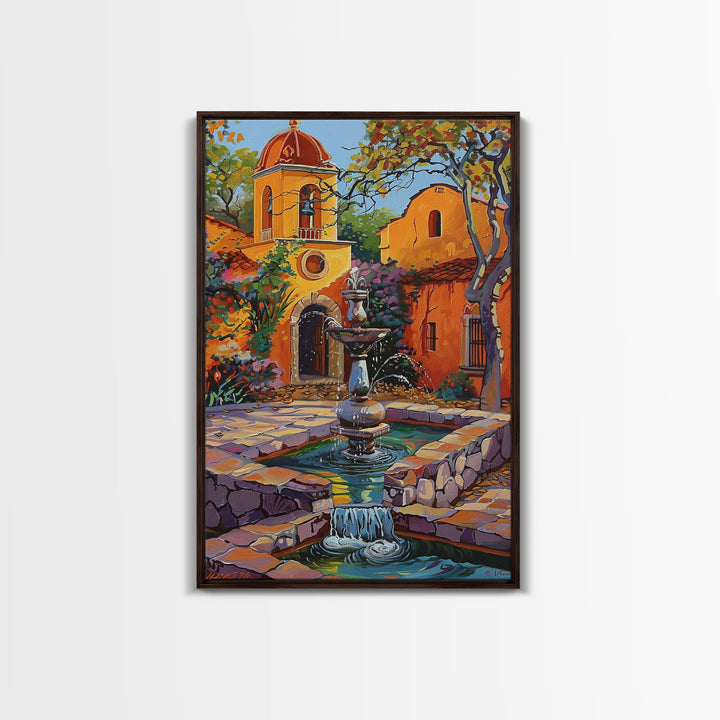 Mexican Style Framed Canvas Print Tall Art Vibrant Outdoor Fountain Scene With Colorful Architecture