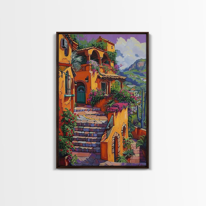 Framed Canvas Print Tall Art Mexican Style Scenic Steps Lined With Colorful Flowers And Architecture