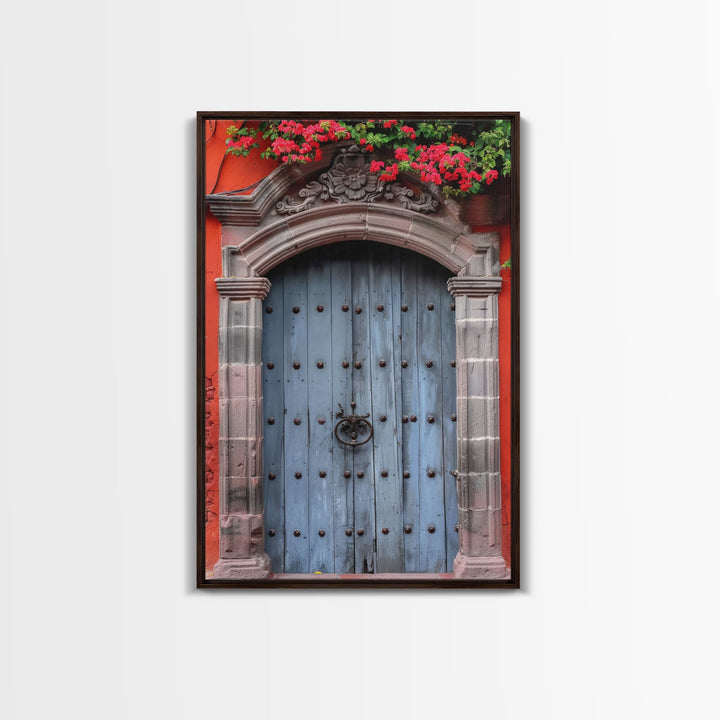 Mexican Style Colorful Architecture Framed Canvas Print Tall Art Depicting Traditional Blue Doors