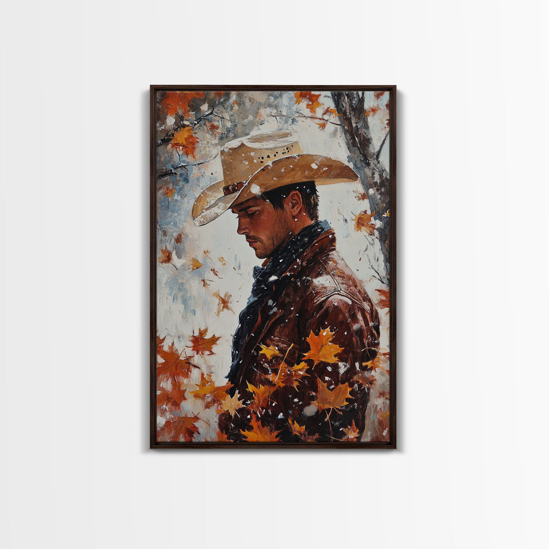 Rustic Cowboy Holiday Art Framed Canvas Print with Falling Leaves, Perfect Autumn Decor and Seasonal Gift Idea 2024